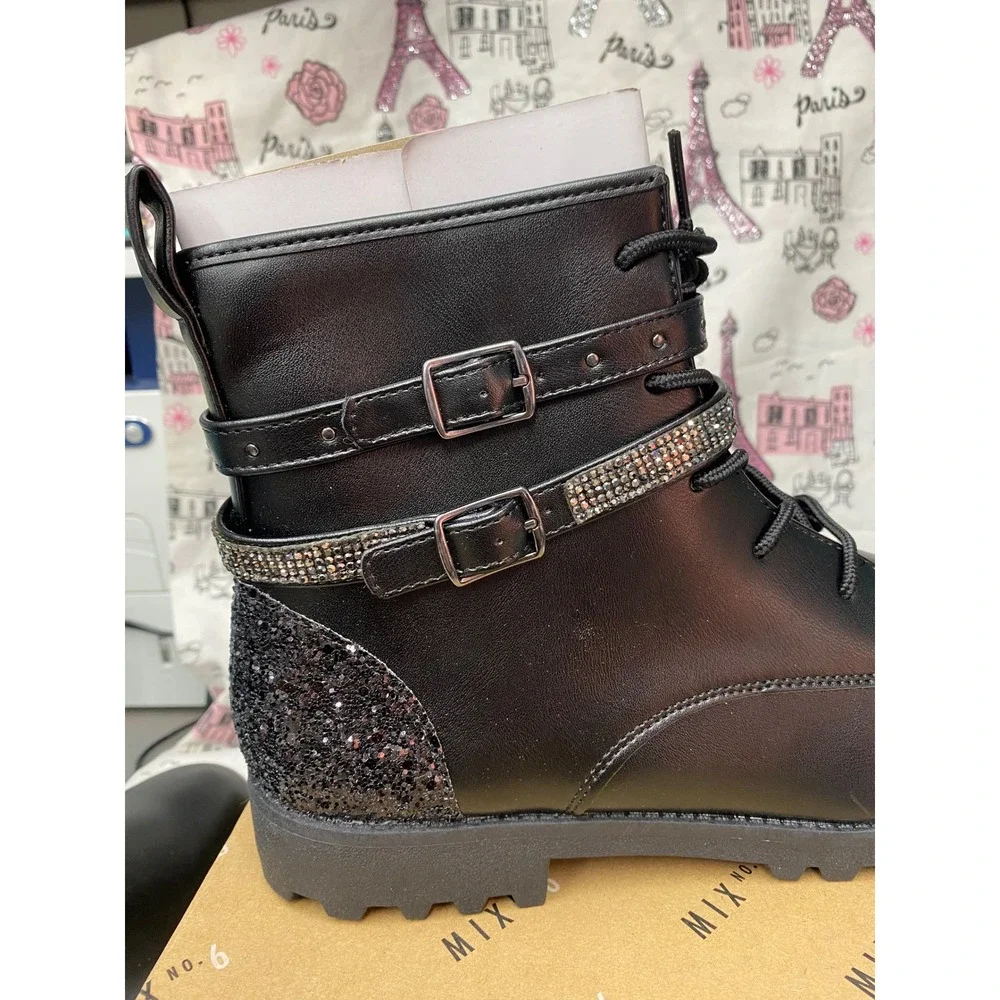 Mix No. 6 Carly Kids Black Glitter Rhinestone Buckle Combat Boots Size 6M New